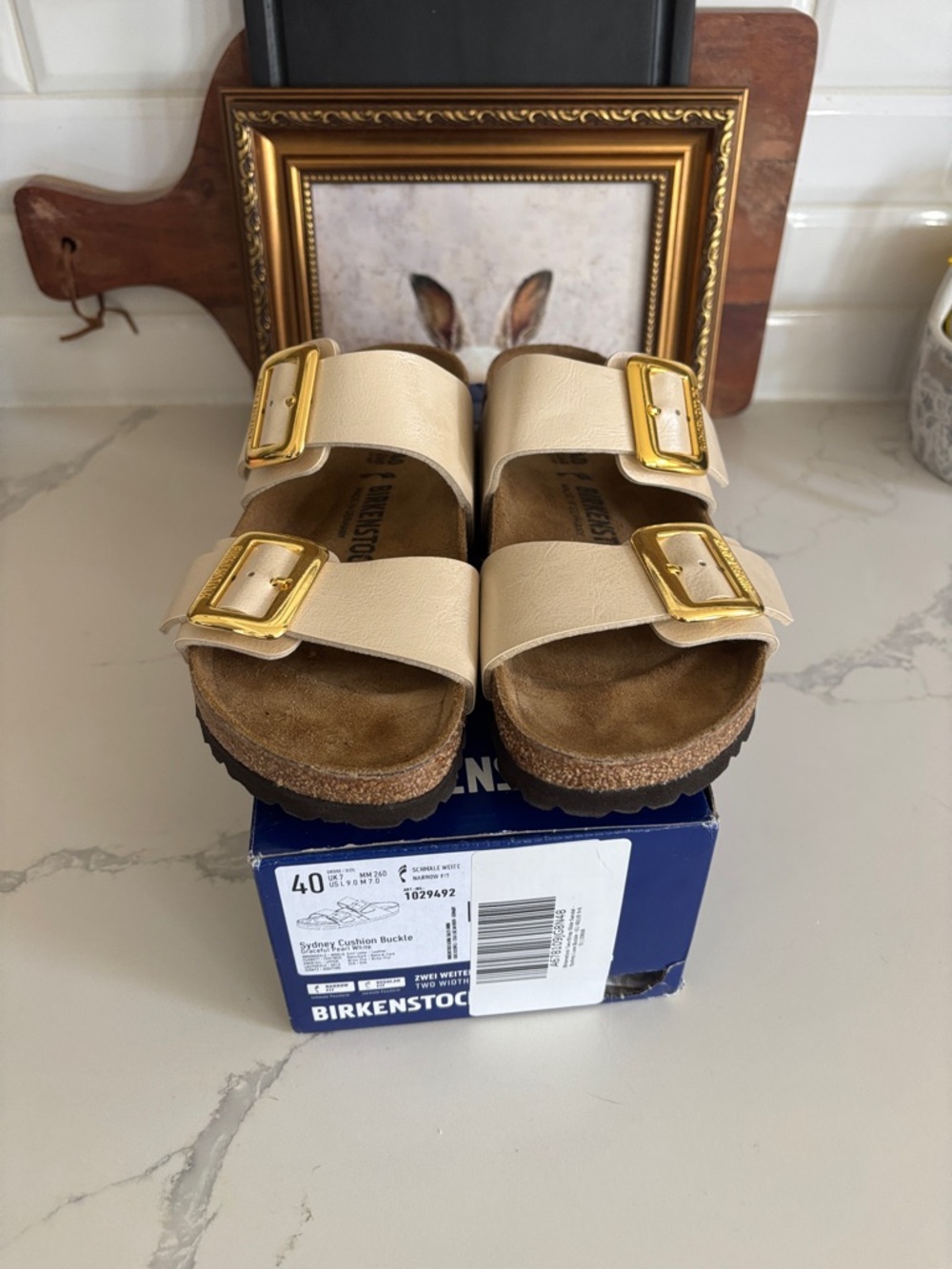 Birkenstock Cream Double-Buckle Sandals with Gold Buckles
